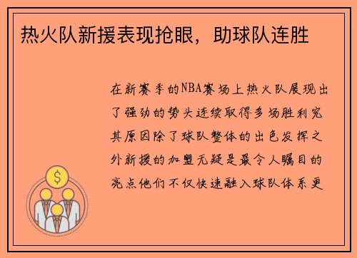 热火队新援表现抢眼，助球队连胜