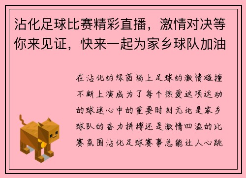 沾化足球比赛精彩直播，激情对决等你来见证，快来一起为家乡球队加油！